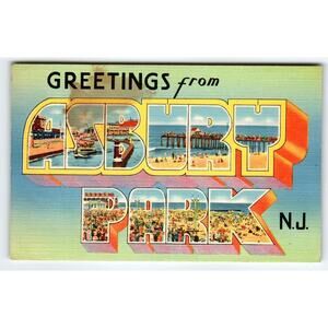 Vintage Greetings from Asbury Park NJ Large Letter Linen Postcard Pier Beach